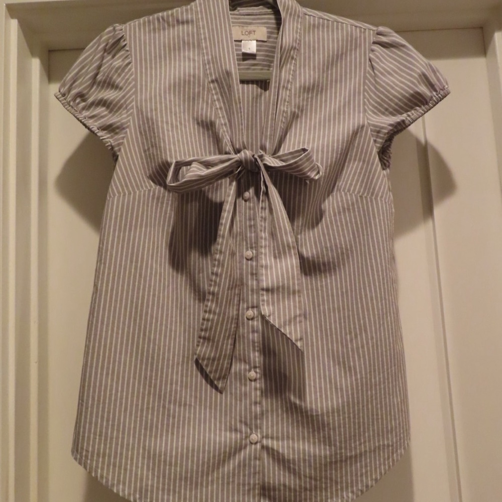 LOFT Gray Striped Blouse with Bow Detail